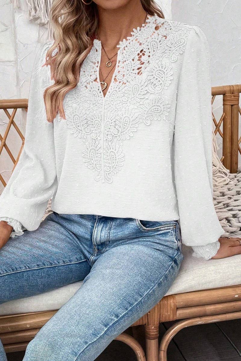 CWTTL2006_V-NECK LACE SOLID COLOR LONG-SLEEVED CASUAL TOP
