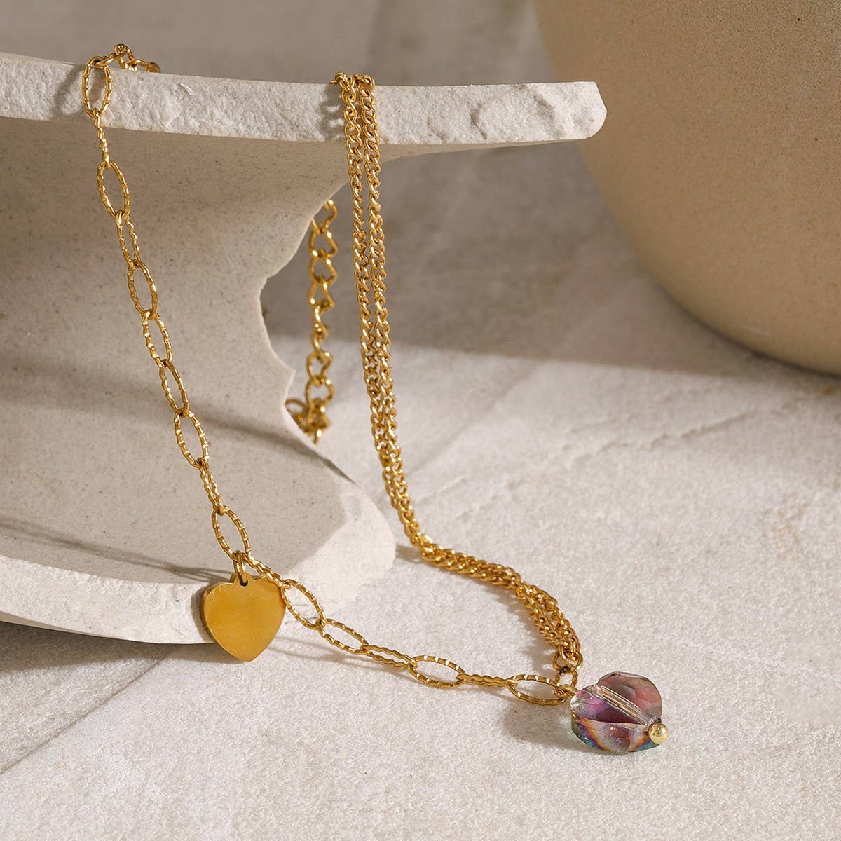 Elegant Purple Heart Anklet, Double Chain 18K Gold