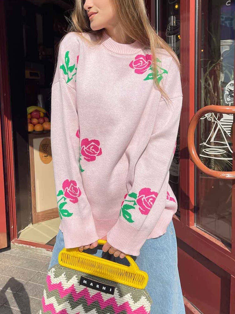 CREW-NECK ROSE JACQUARD KNIT PULLOVER SWEATER