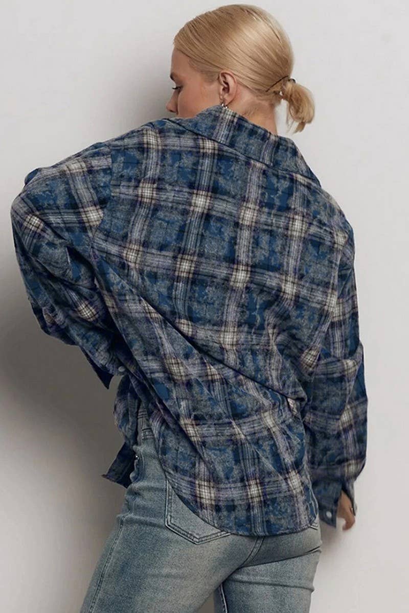 CWTBLL00625_PLAID LOOSE RUFFLED PLAID LONG-SLEEVED SHIRT