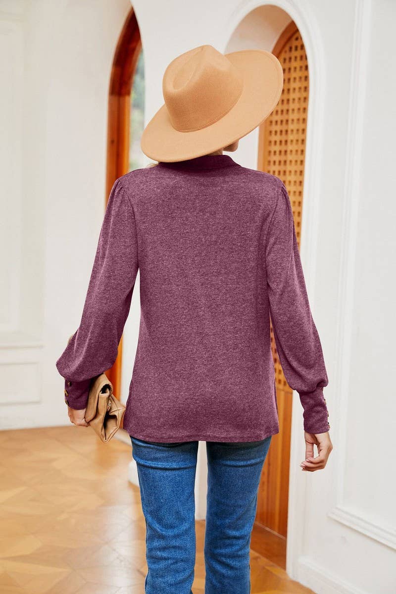 CWTBLL2398_SOLID COLOR POLO NECK LONG SLEEVE BUTTON PULLOVER