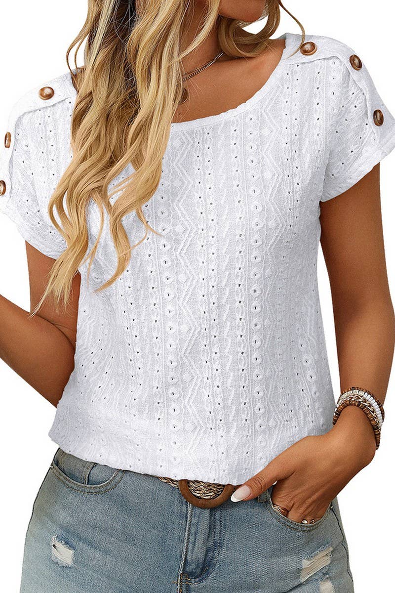 CWTBLS1709_ROUND NECK BUTTON SHORT SLEEVE CUTOUT TOP