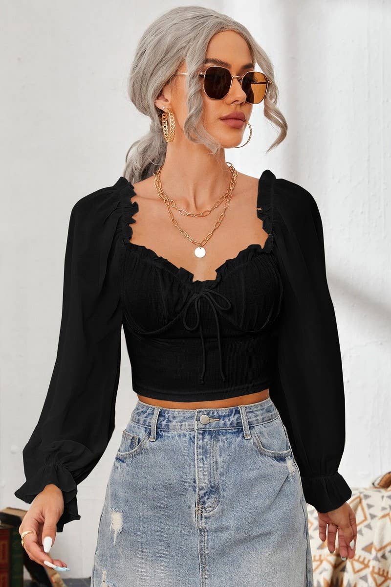 CWTBLL2261_SQUARE COLLAR RUFFLED LONG SLEEVE SHORT TOP