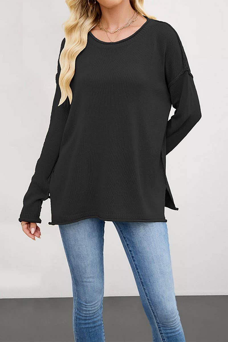 CWOSWL7018_SOLID COLOR ROUND NECK LOOSE PULLOVER SWEATER