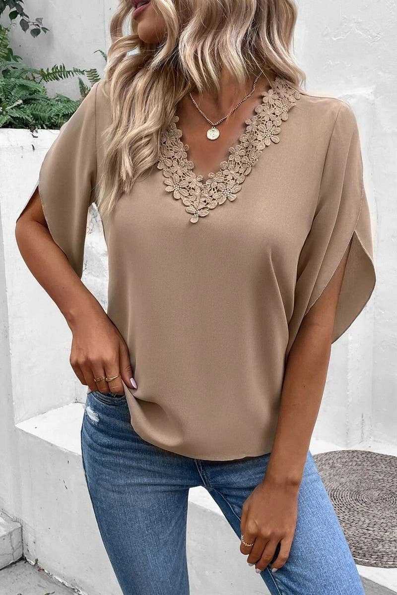 CWTSTS0661_SUMMER LACE V-NECK TRUMPET SLEEVE LOOSE SHIRT