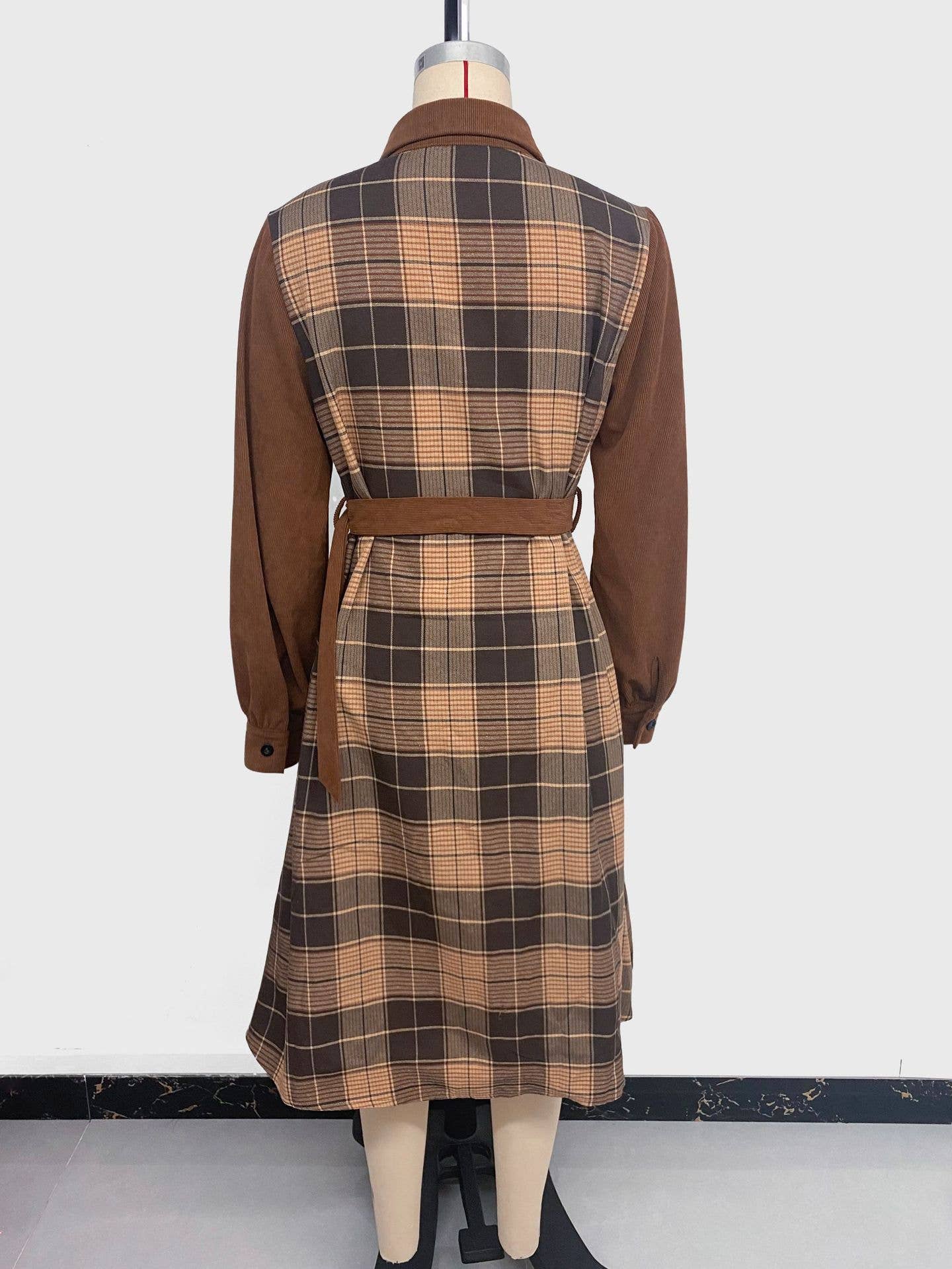 Casual retro-style lapel check patchwork dress