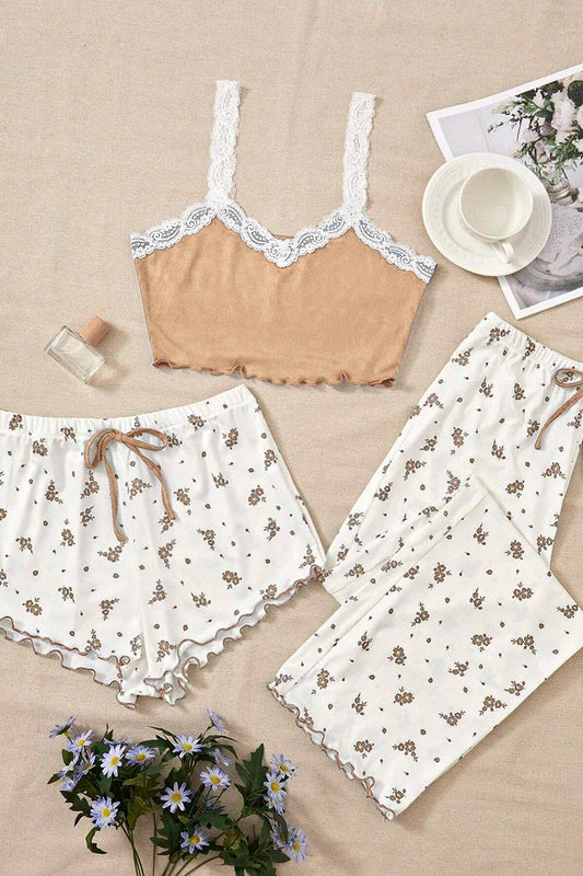 CWSPJ00480_LACE CAMI 3 PIECE SHORTS AND PANTS SET