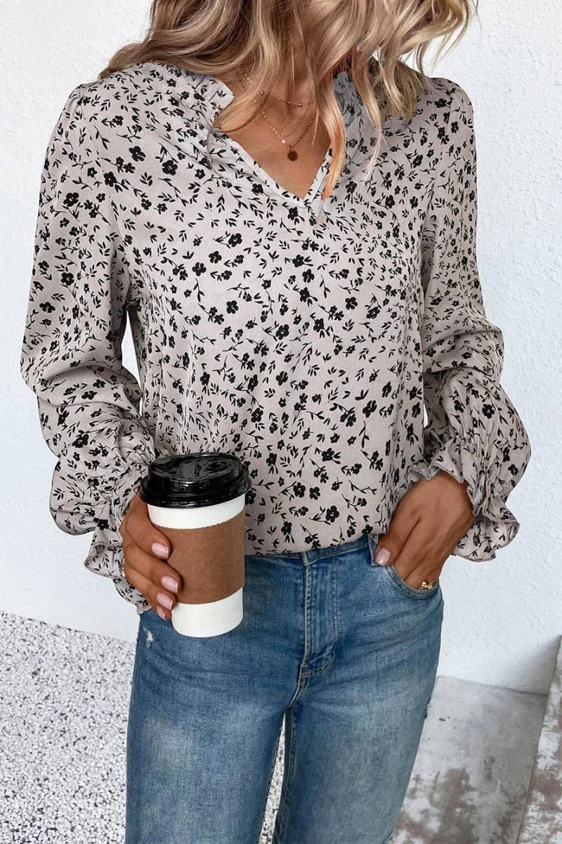 CWTSTL2080_FLORAL V-NECK RUFFLED LONG-SLEEVED SHIRT