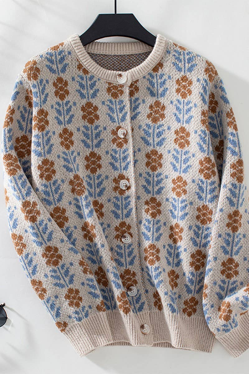 CWOCAL0842_SINGLE BREASTED JACQUARD KNIT CARDIGAN SWEATER