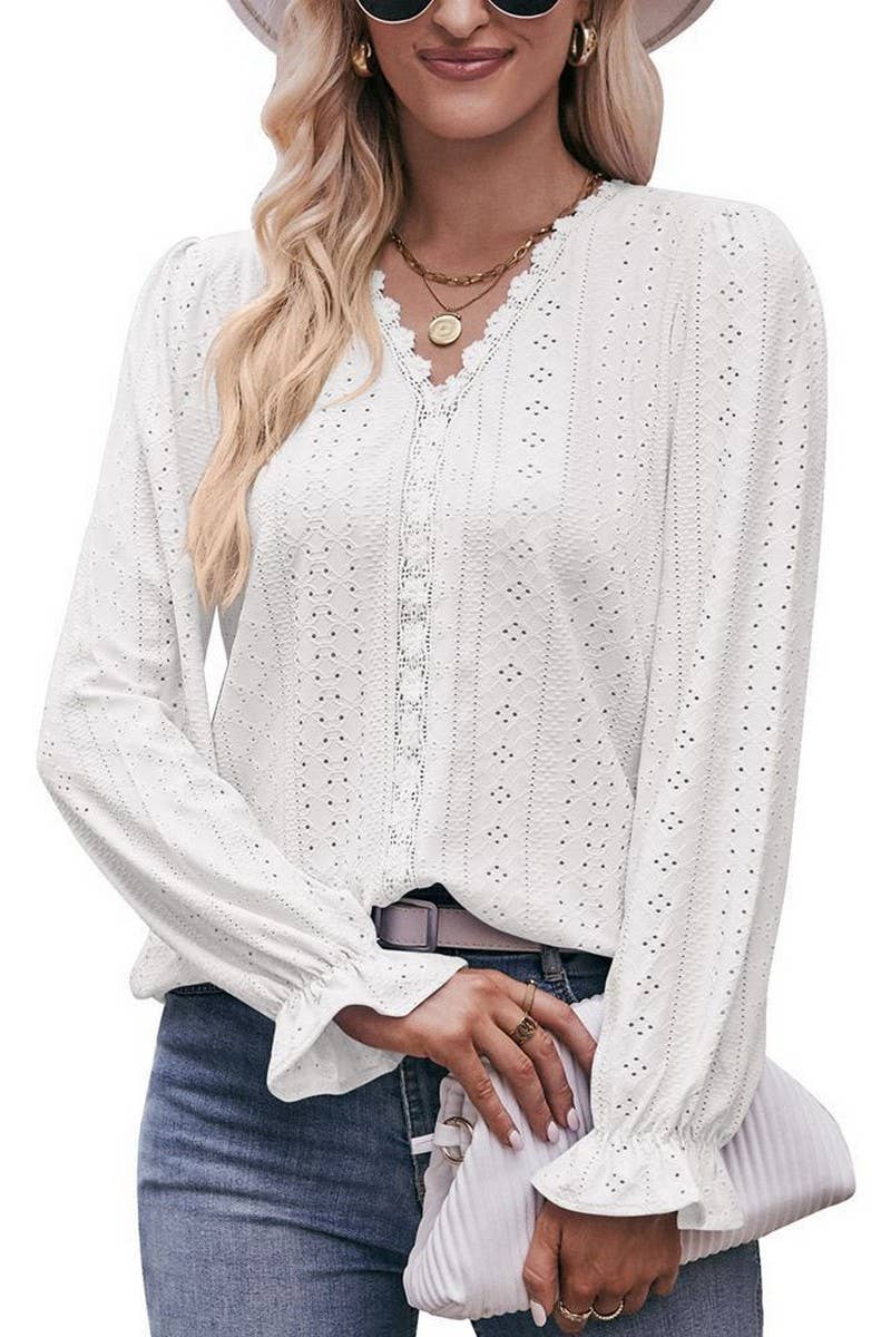 CWTBLL3761_SOLID COLOR RIPPED LACE V-NECK LONG-SLEEVED T-SHI
