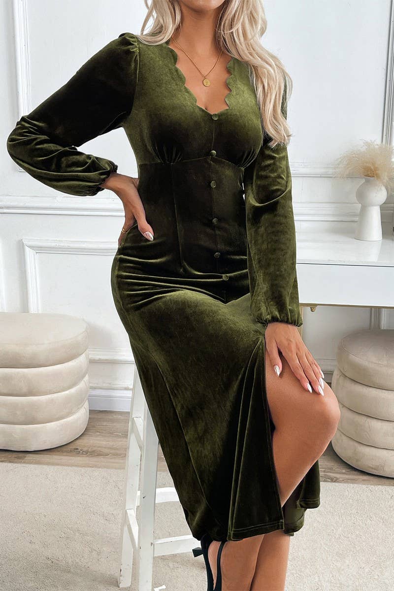 CWTBLL2051_ VELVET V NECK LACE NECK PARTY DRESS