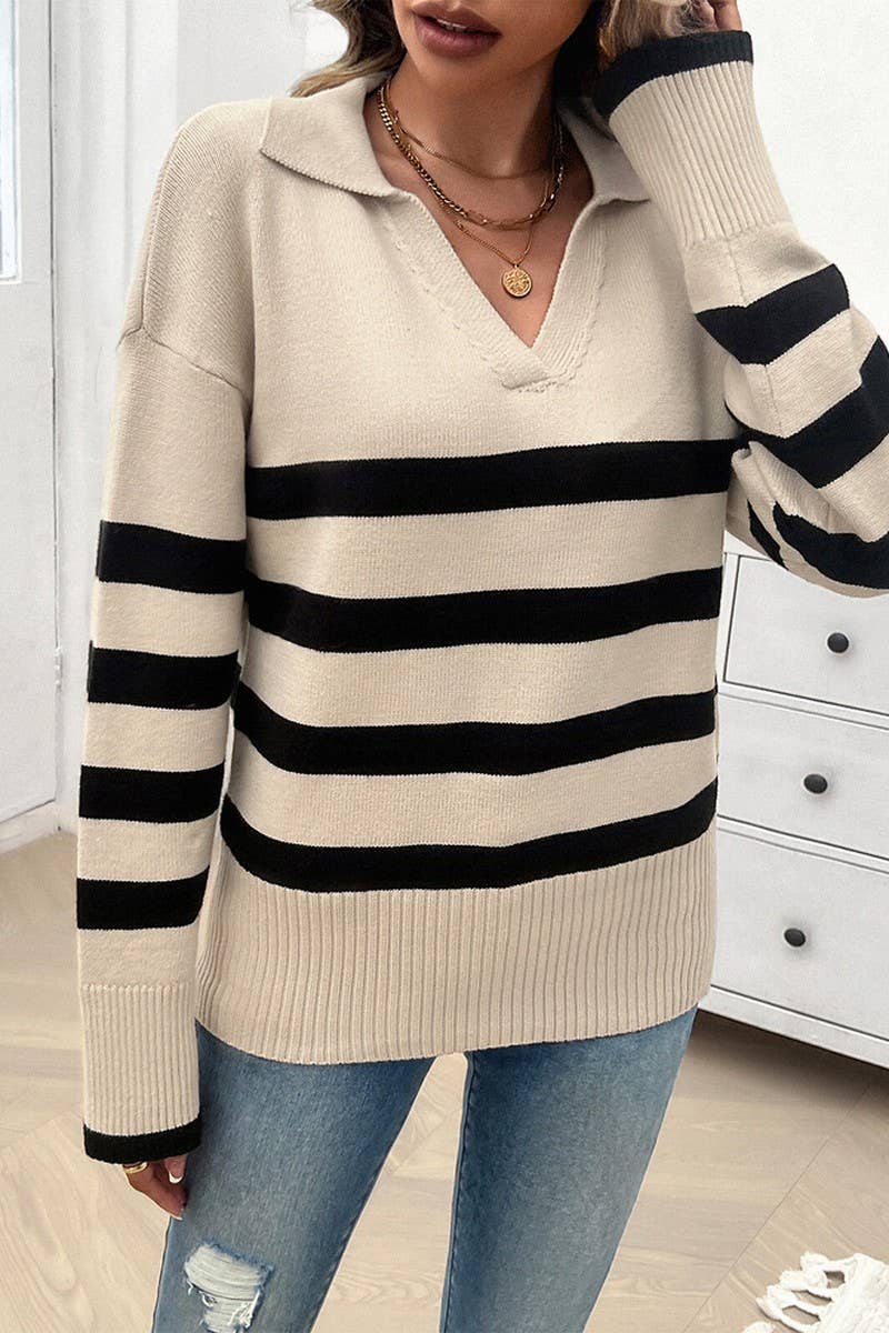 CWOSWL6819_CASUAL LOOSE STRIPED CONTRAST COLLAR SWEATER