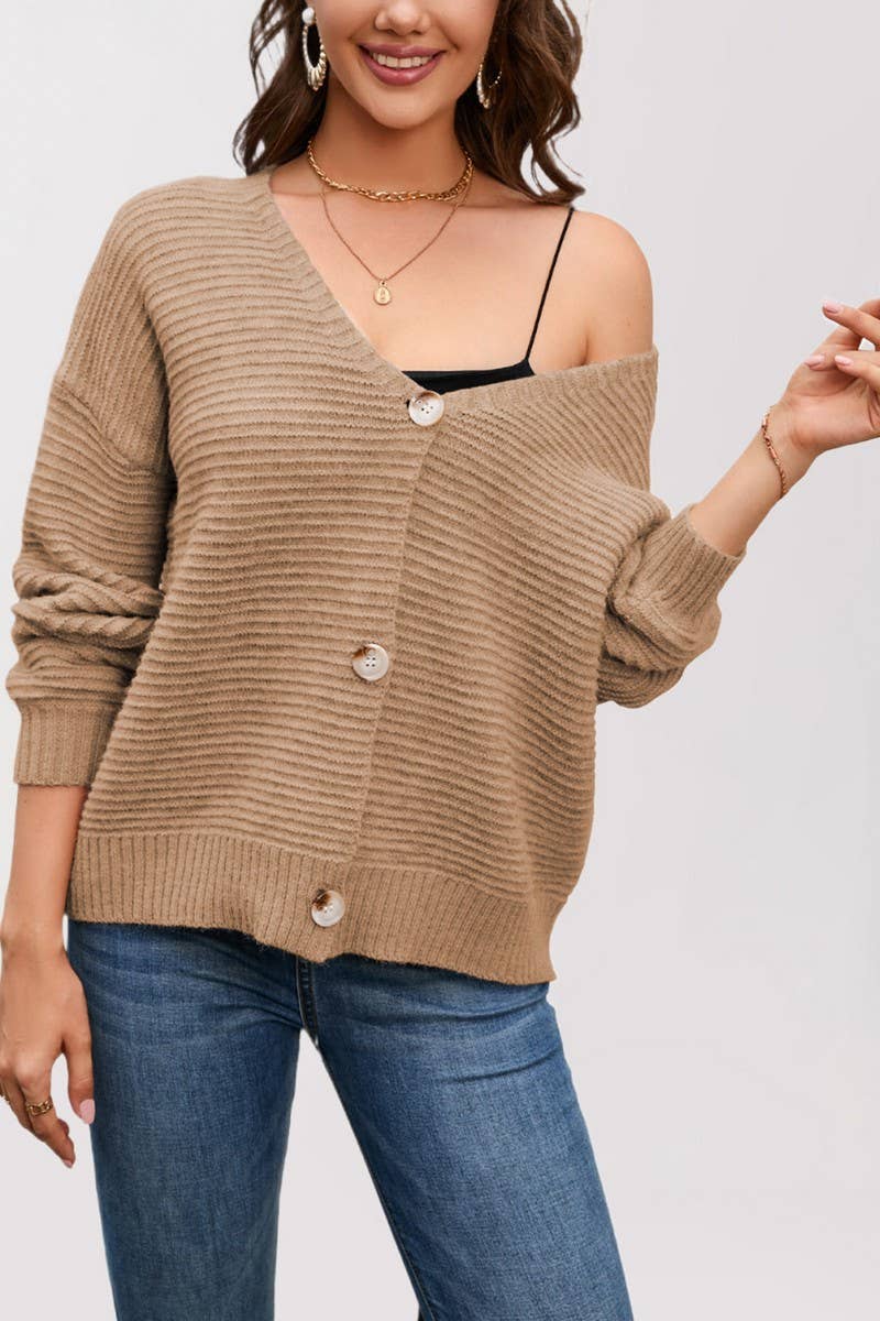 CWOSWL6850_AUTUMN AND WINTER V-NECK CASUAL KNITTED JACKET