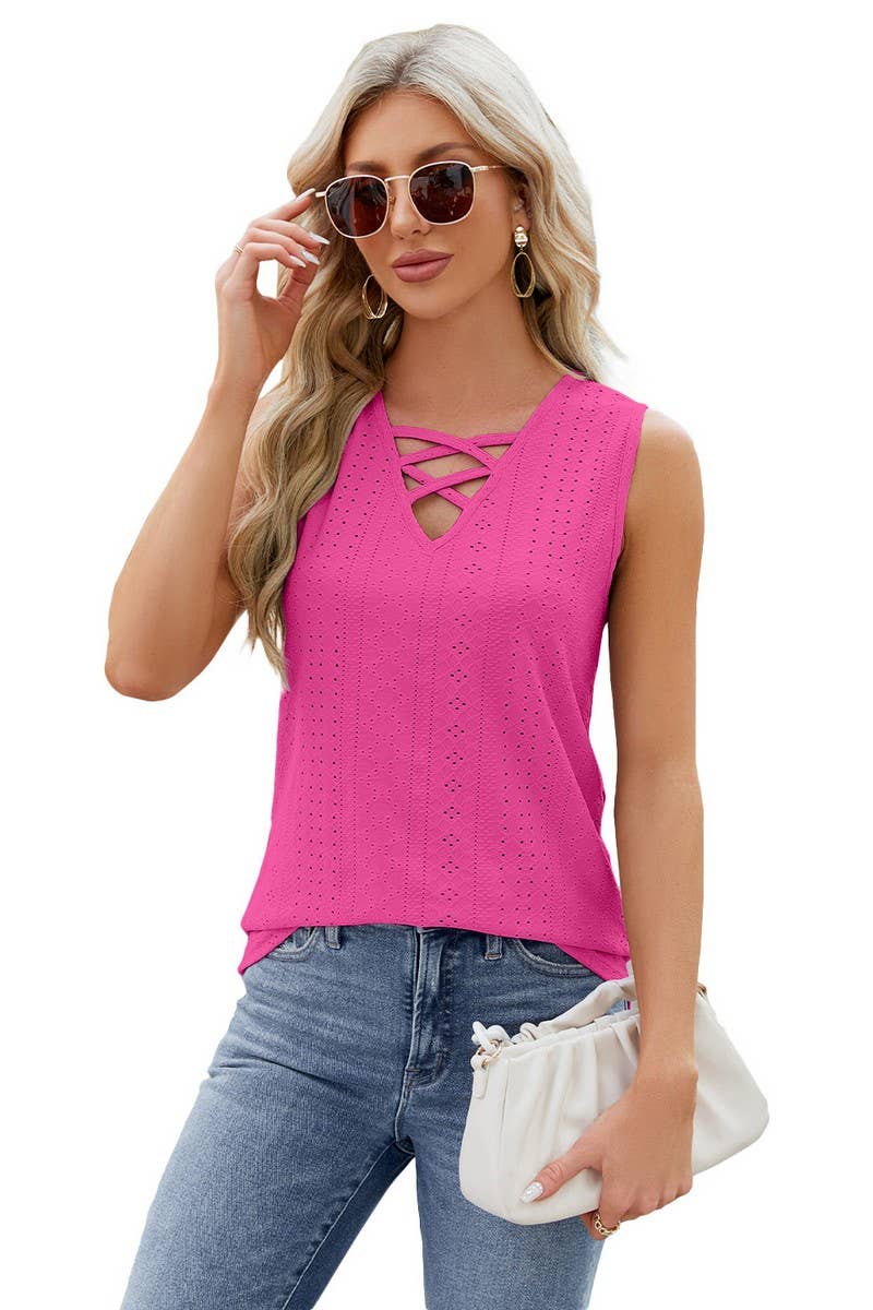 CWTBLSL0098_V-Neck String Detailed Sleeveless Top