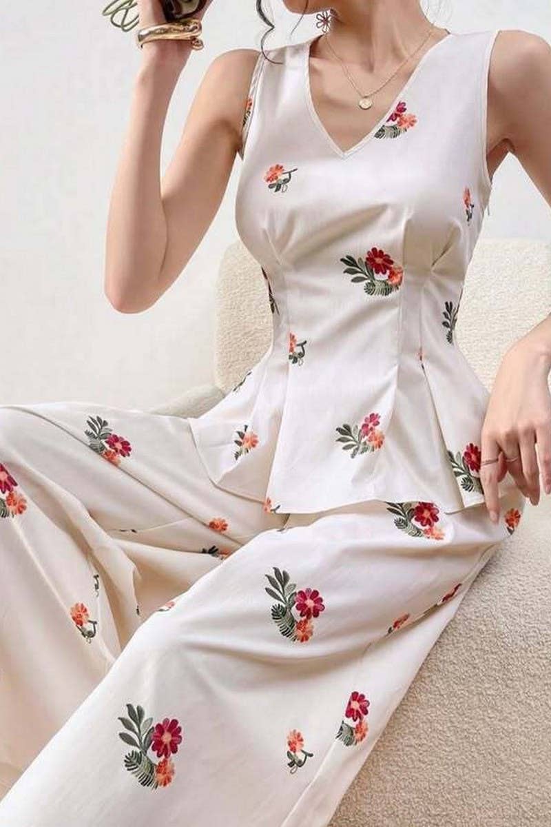 CWSTB00362_V-NECK PRINTED VEST AND TROUSERS TWO-PIECE SUIT