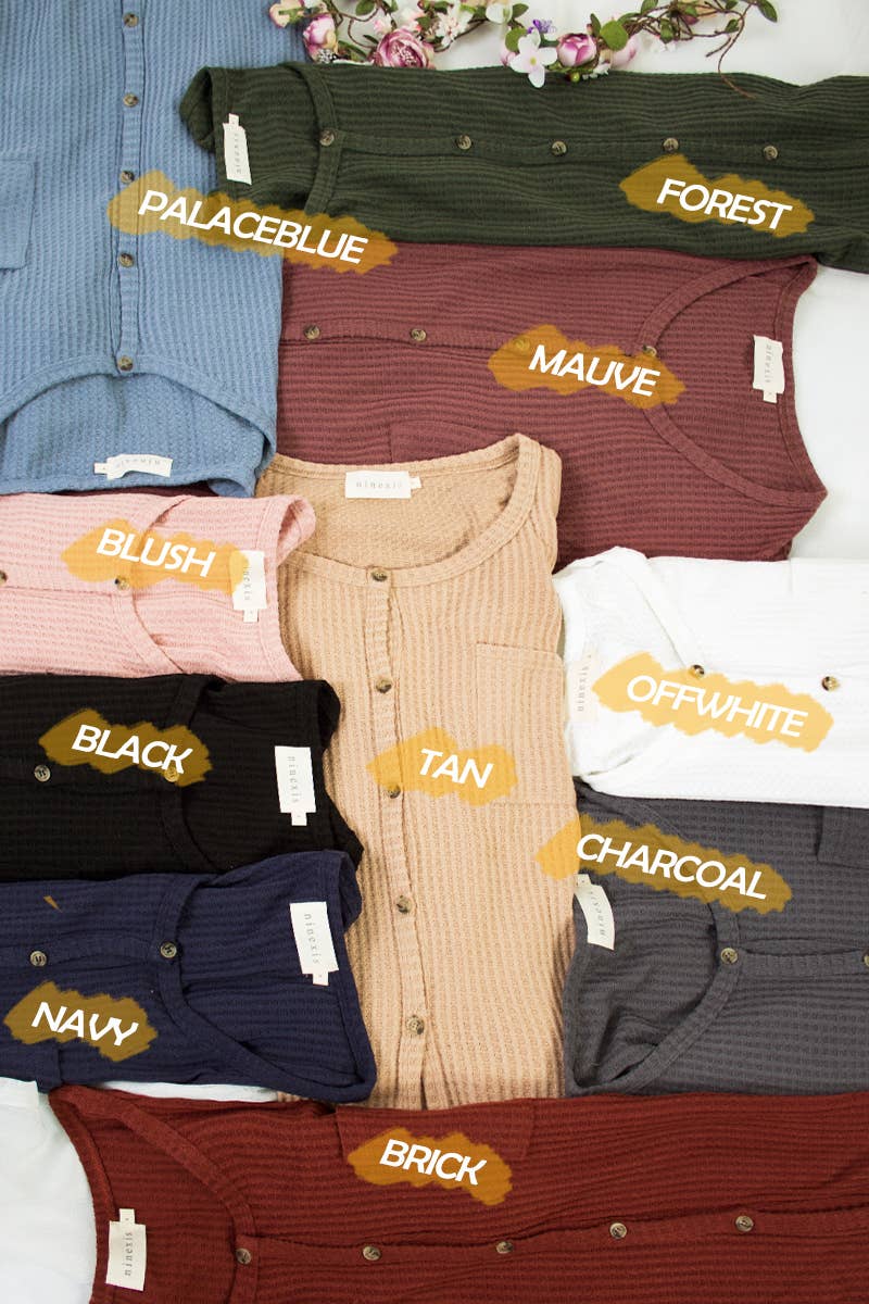 CWTSTL449_BUTTON BRUSHED R NECK DETAILED WAFFLE TOP