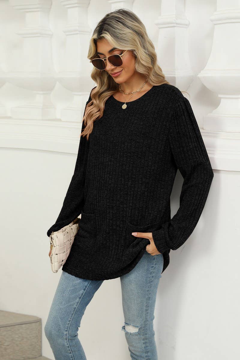 CWTBLL1118_CASUAL ROUND NECK POCKET PUFF SLEEVE LOOSE TOP