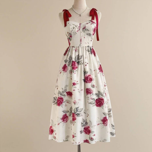Floral print elegant cinched waist halter dress