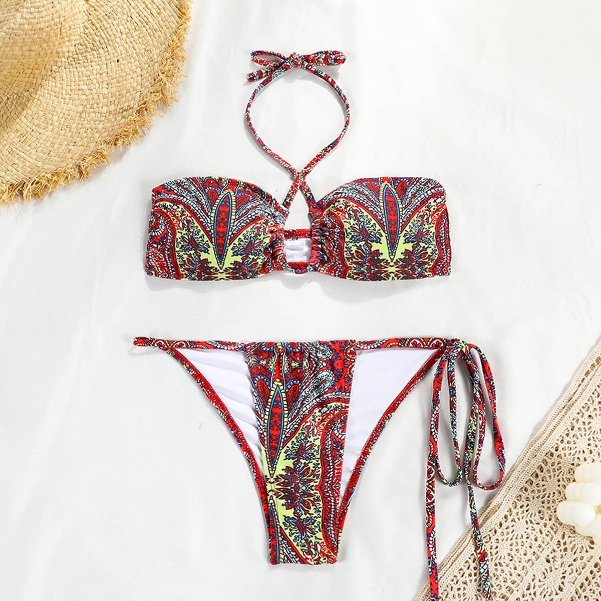 NEW BANDEAU STRAP SOLID COLOR SPLIT SWIMSUIT
