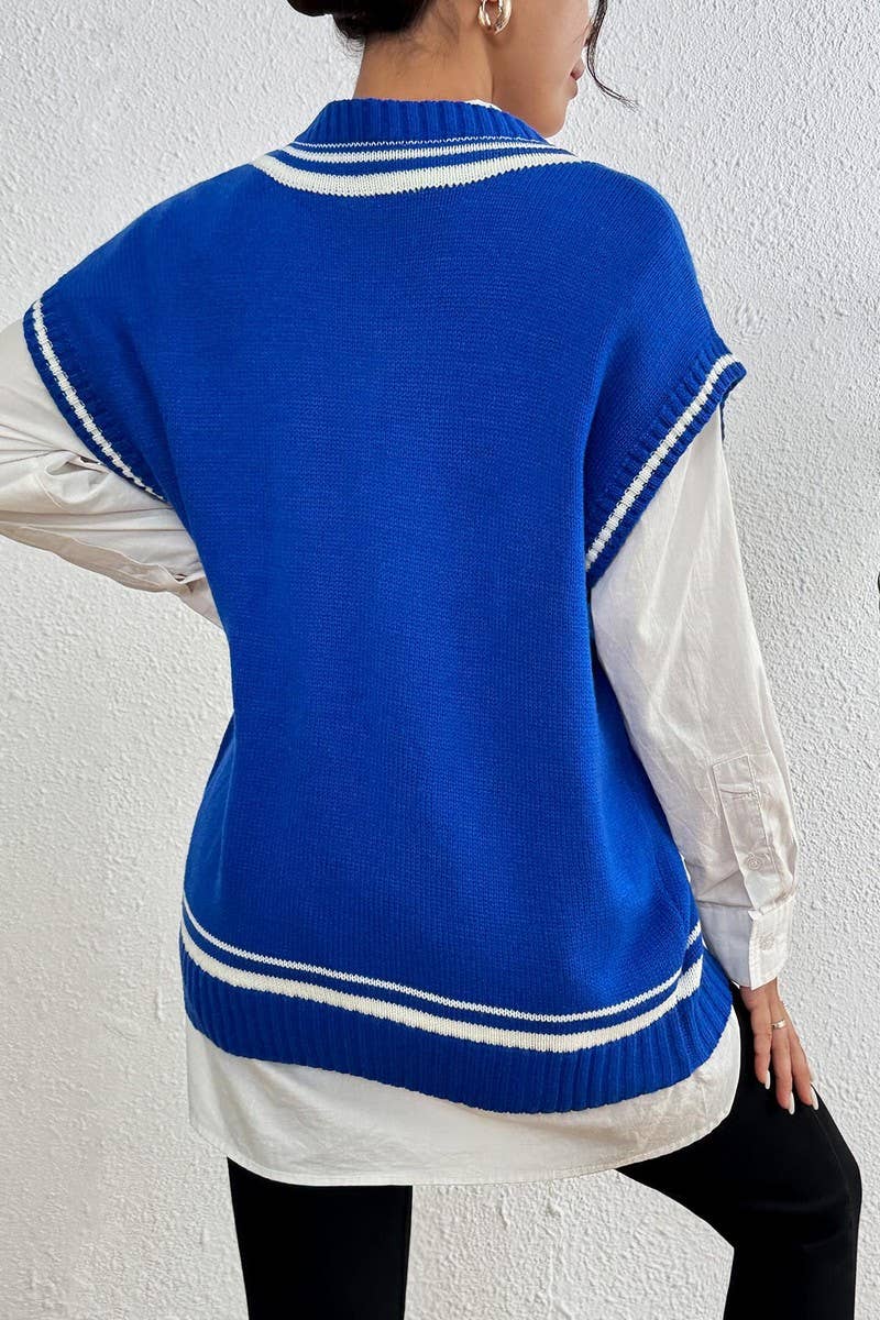 CWTSTL00989_WOMEN V NECK COLOR BLOCK STRIPED KNIT VEST