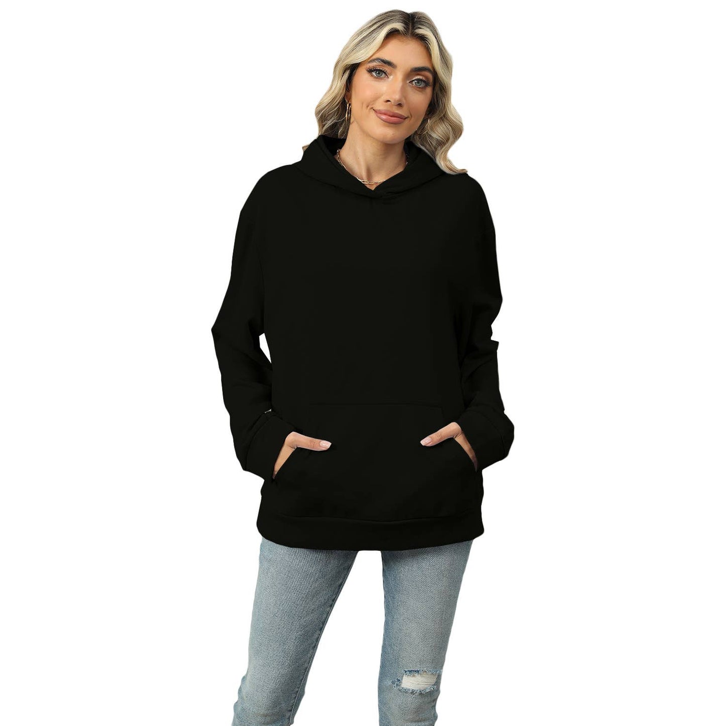 CASUAL HOODED POCKET HOODIE SOLID COLOR TOP