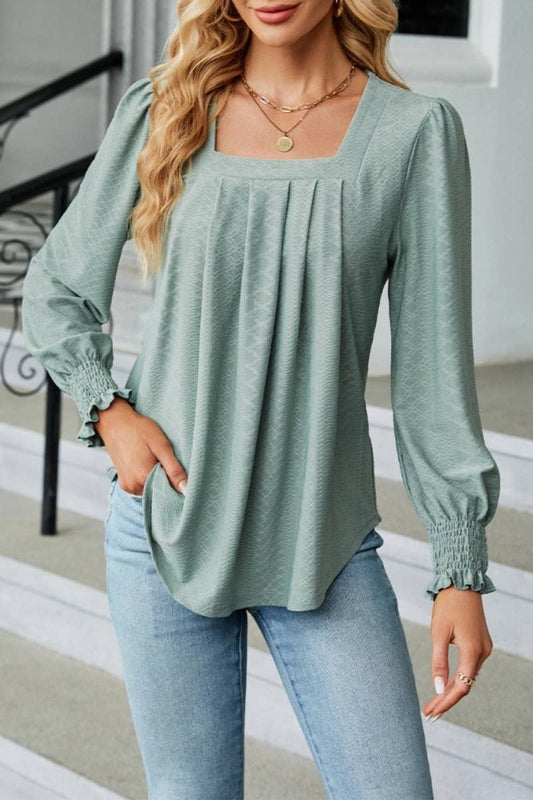 CWTBLL2936_SQUARE NECK JACQUARD PLEATED LONG-SLEEVED TOP