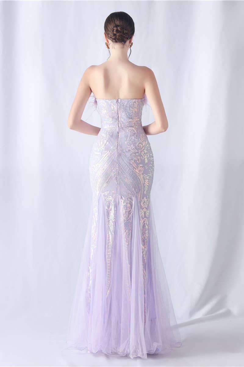 CWDMD3628_FURRY STRAPLESS SEQUIN EVENING DRESS LONG