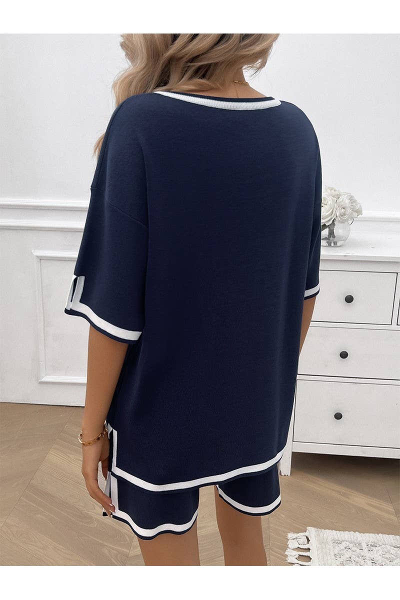 CWSTB0665_CASUAL LOOSE V-NECK SHORT SLEEVED SHORTS KNIT SET