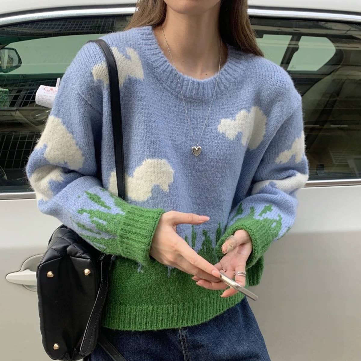 BLUE SKY WHITE CLOUD JACQUARD CREW NECK SWEATER