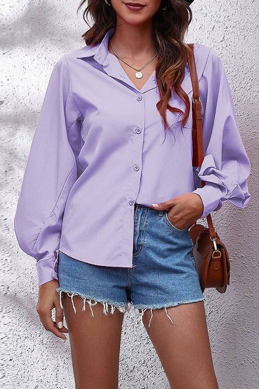 CWTBLL3758_SOLID COLOR LAPEL LANTERN SLEEVE CHIFFON SHIRT
