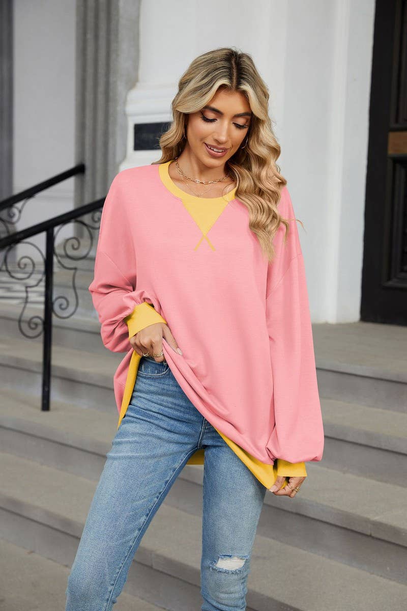 CWTBLL3743_AUTUMN AND WINTER CONTRAST COLOR LOOSE SWEATSHIRT