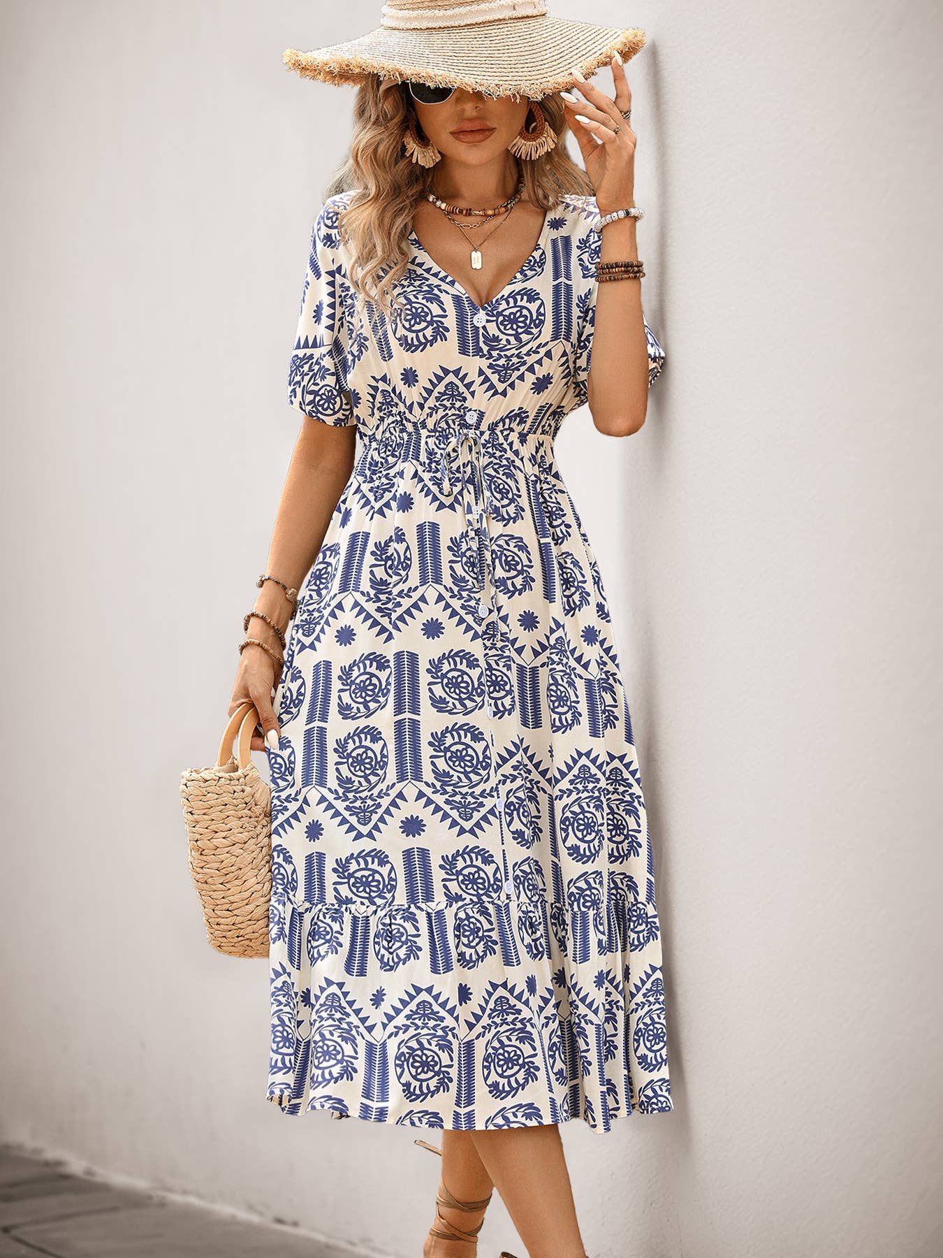 Boho print midi A-line dress with waist tie