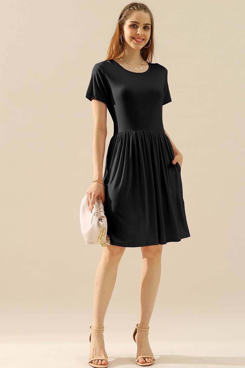 CWDSD10374_CREWNECK SHIRRED FLOWY SWING SHORT SLEEVE DRESSES