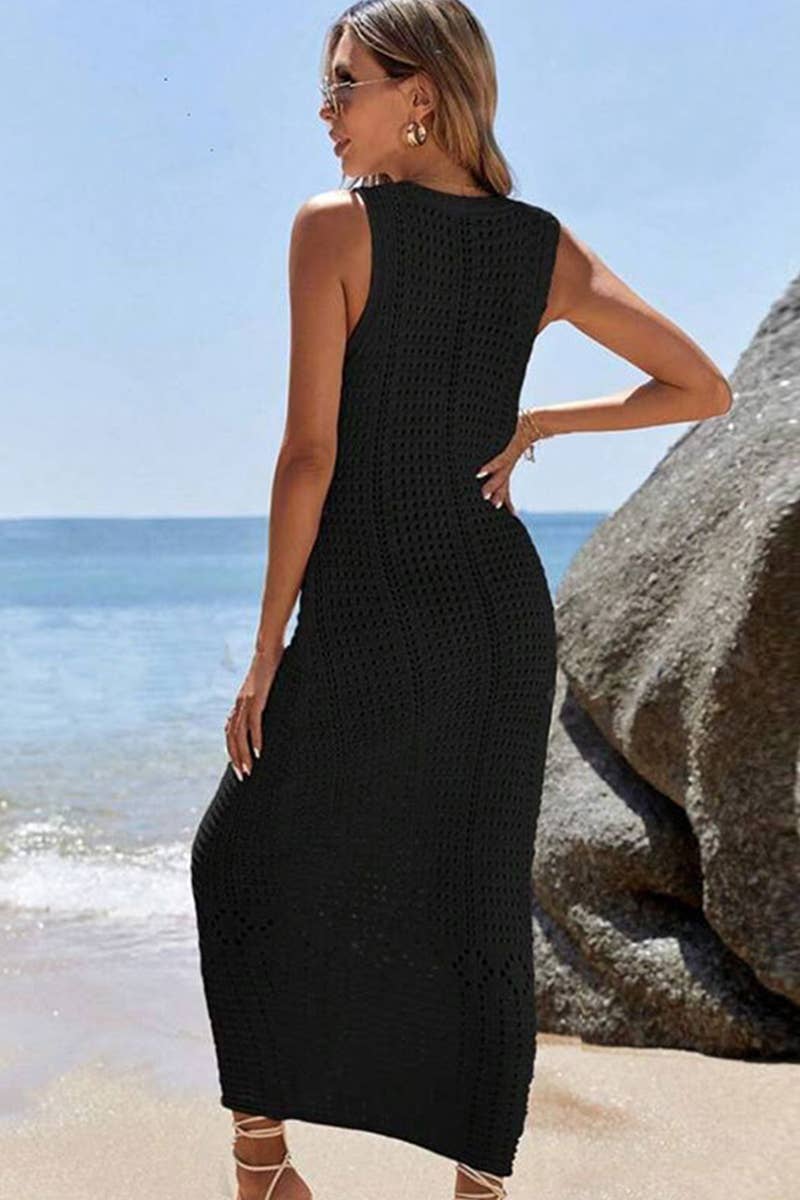 CWDHL0645_SOLID COLOR KNIT HOLLOW LONG VEST DRESS