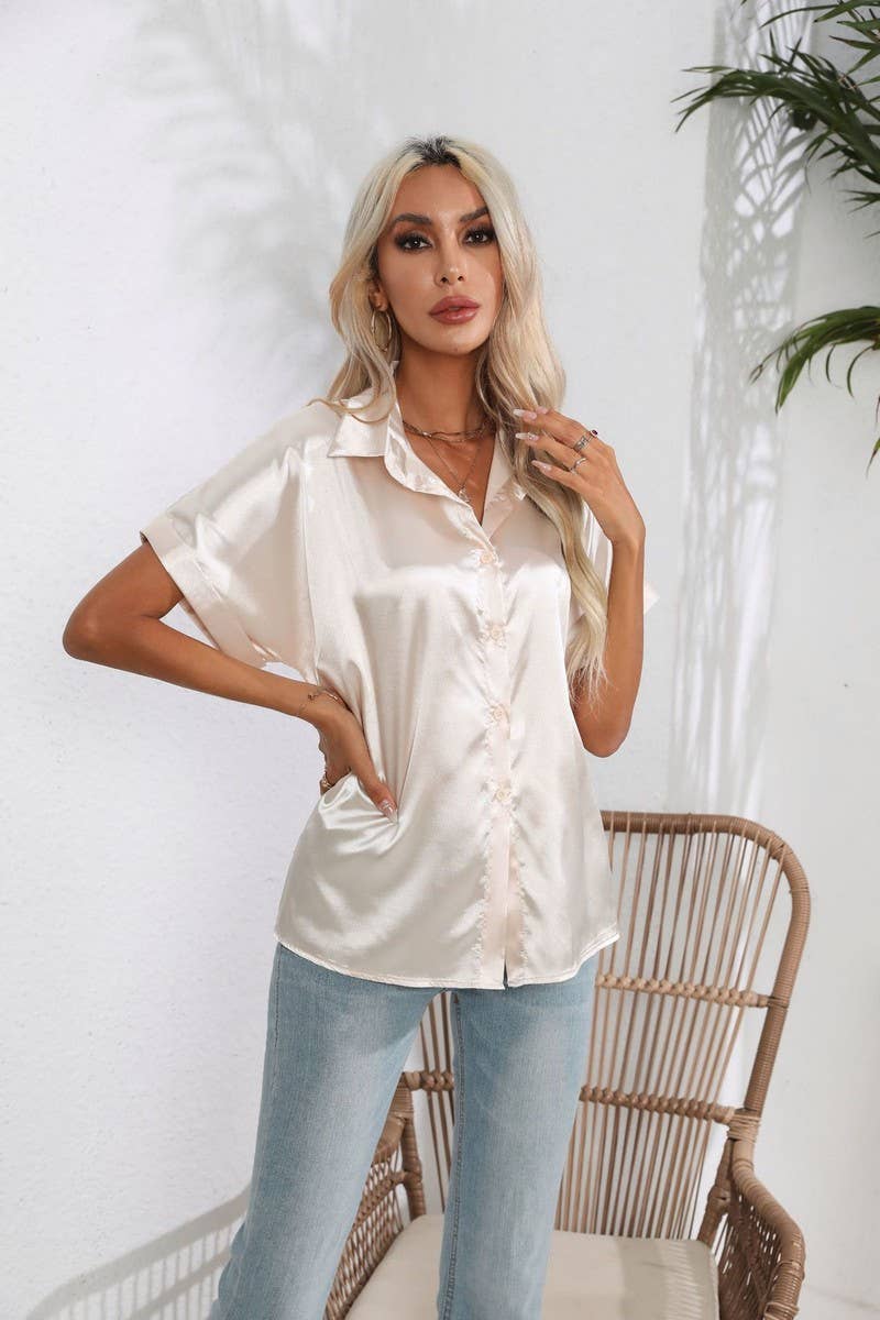 CWTBLS0406_Button Down Silky Satin Short Sleeve Top