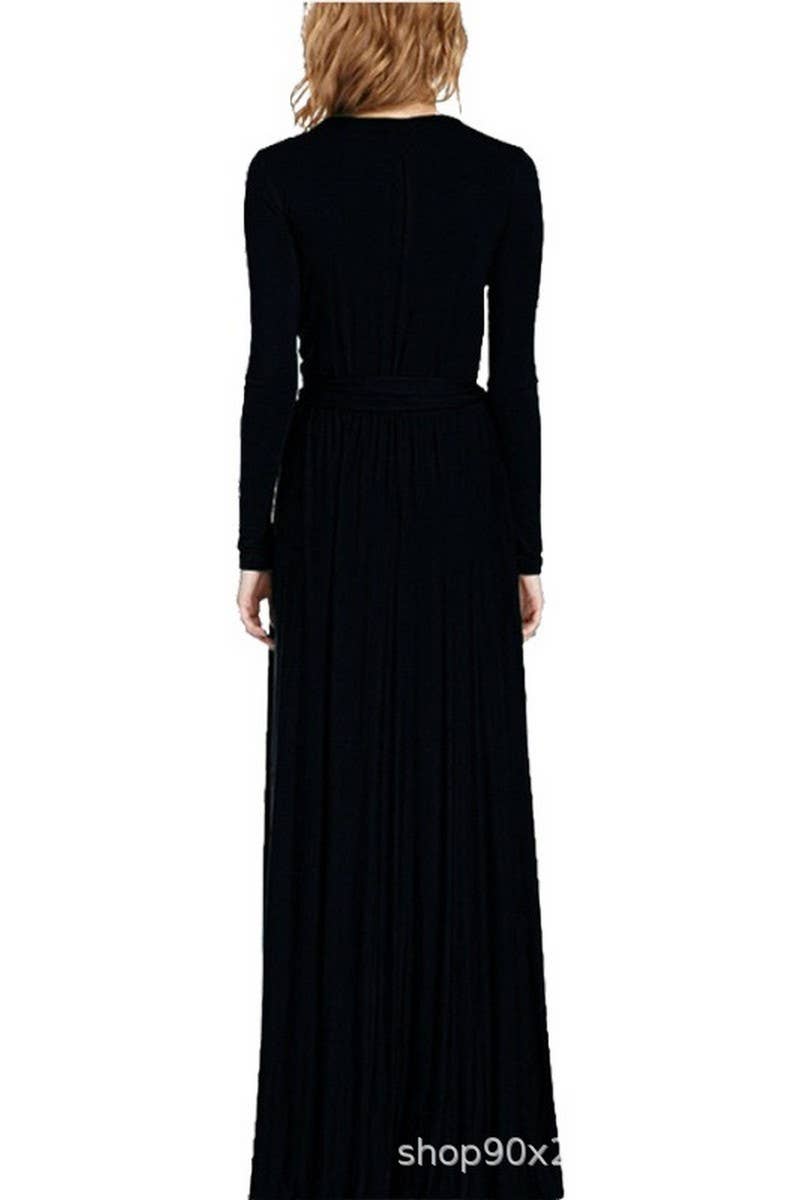 CWDMD01136_SOLID LONG SLEEVE V NECK SEXY DRESS