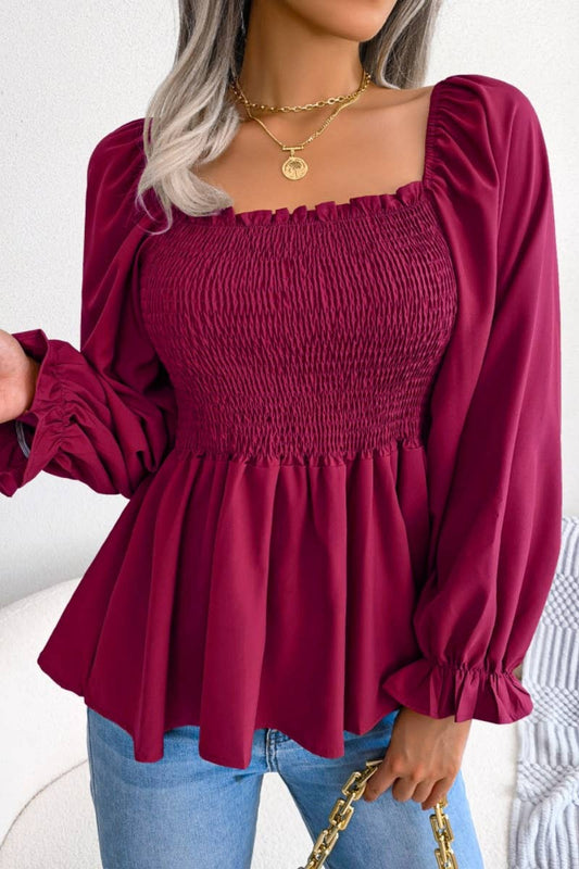 CWTBLL0957_SUMMER CHIFFON WOOD EAR LONG SLEEVE TOP