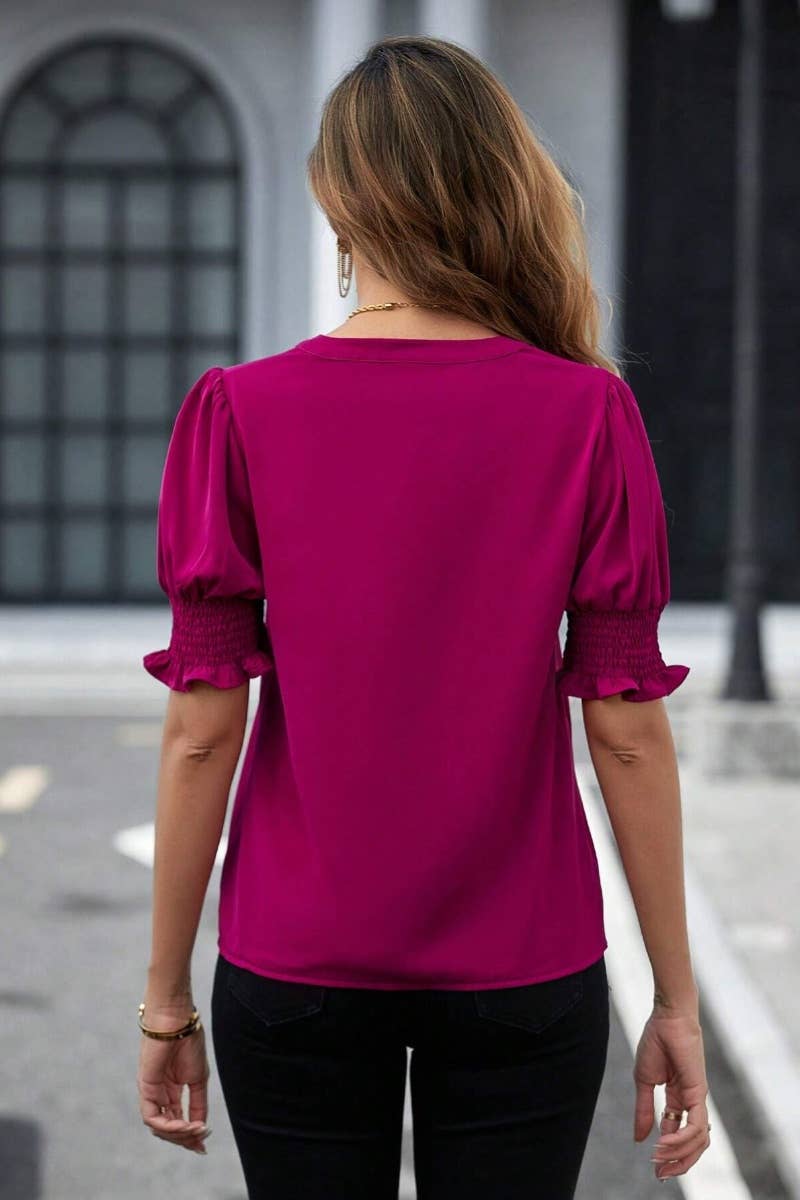CWTSTS0461_SUMMER V-NECK SOLID COLOR SHORT-SLEEVED SHIRT TOP