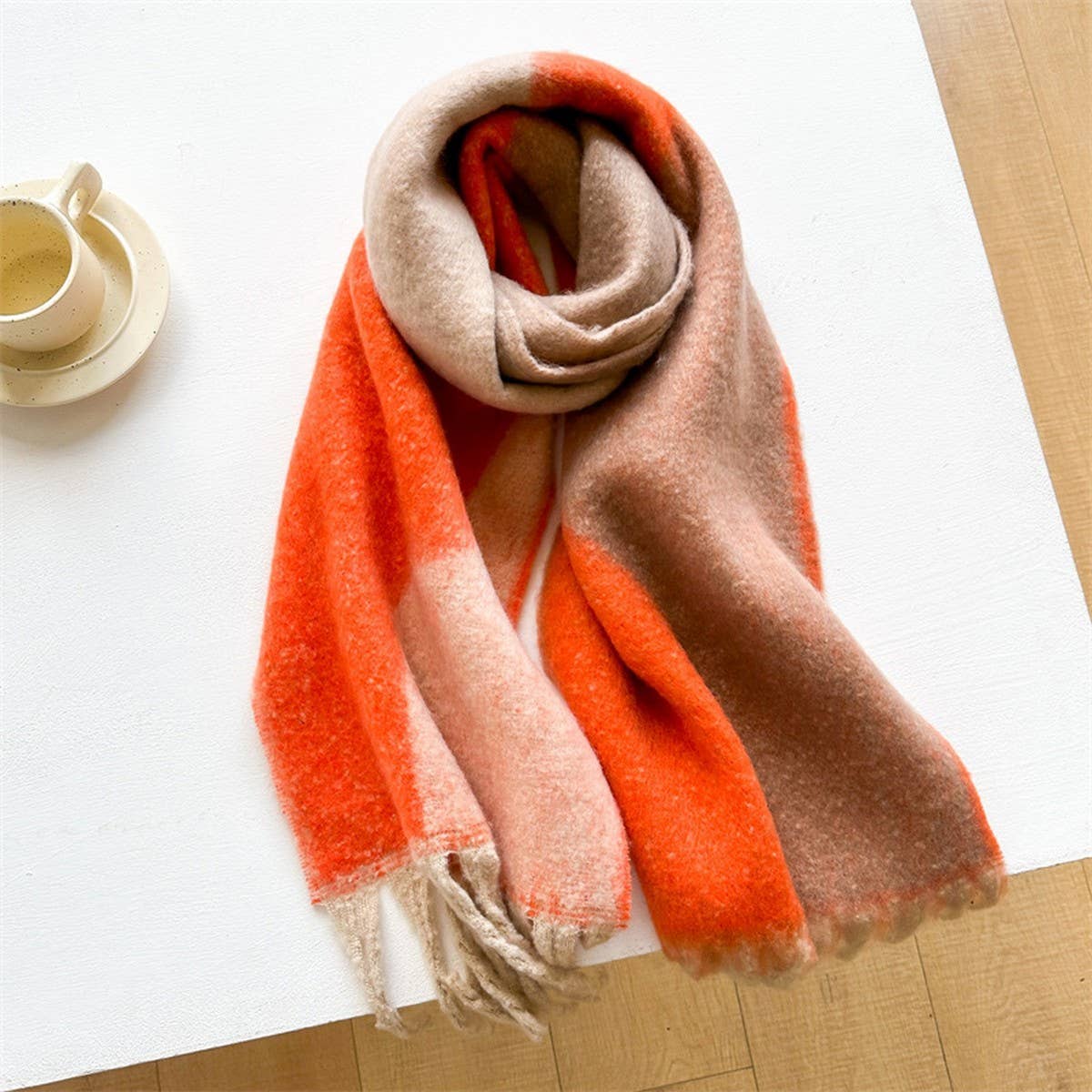 Geometric Fringe Wool Scarf,Thick Colorblock Shawl