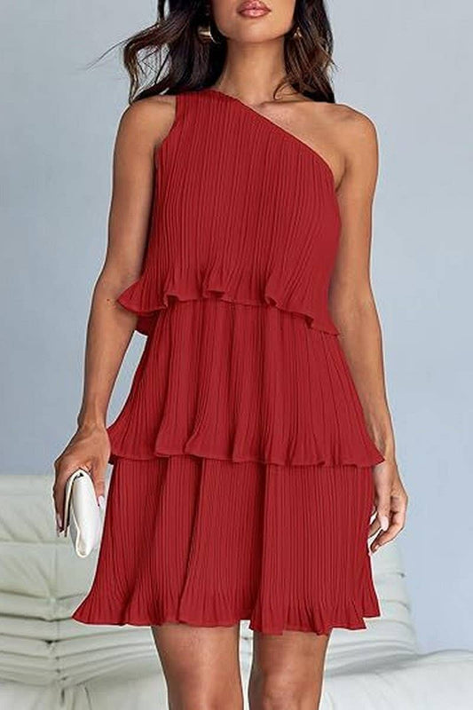CWDSD8779_OFF-SHOULDER LAYERED HEM PLEATED SLEEVELESS DRESS