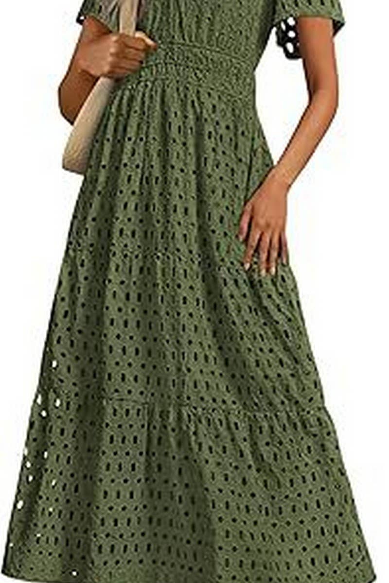 CWDMD6339_V-NECK HOLLOW EYELET PLEATED SHORT SLEEVE DRESS