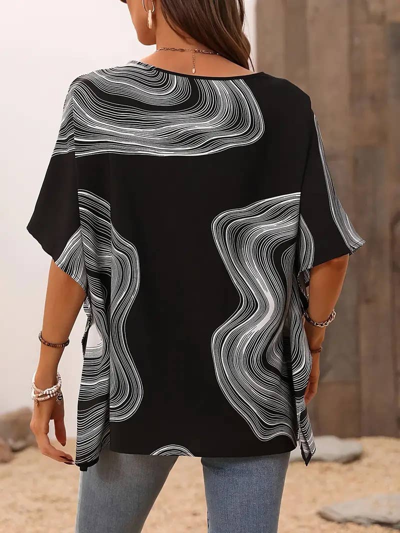 Casual printed V-neck loose batsleeve top