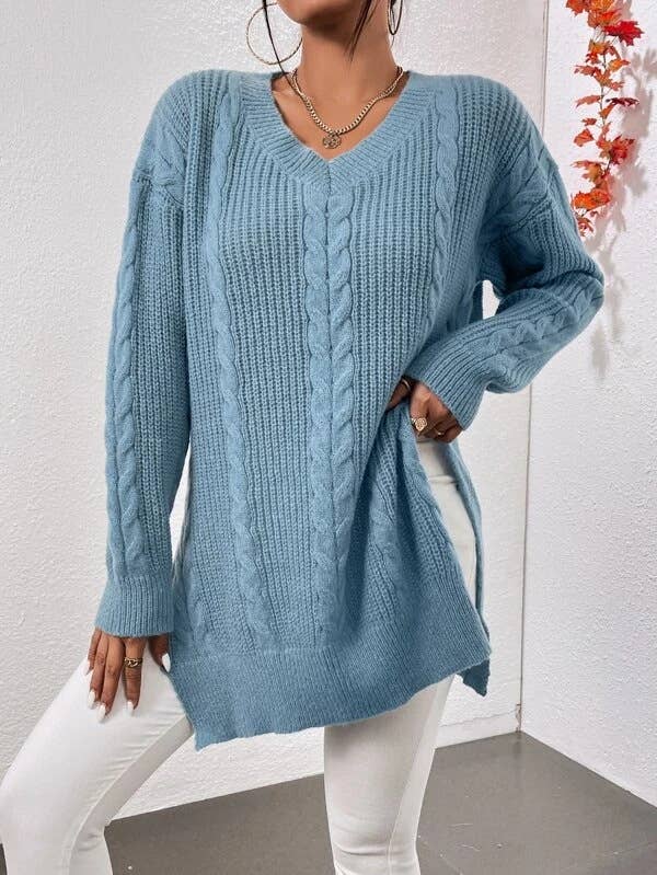 CWOSWL1380_V-Neck Casual Long Sleeve Pullover With Side Slit