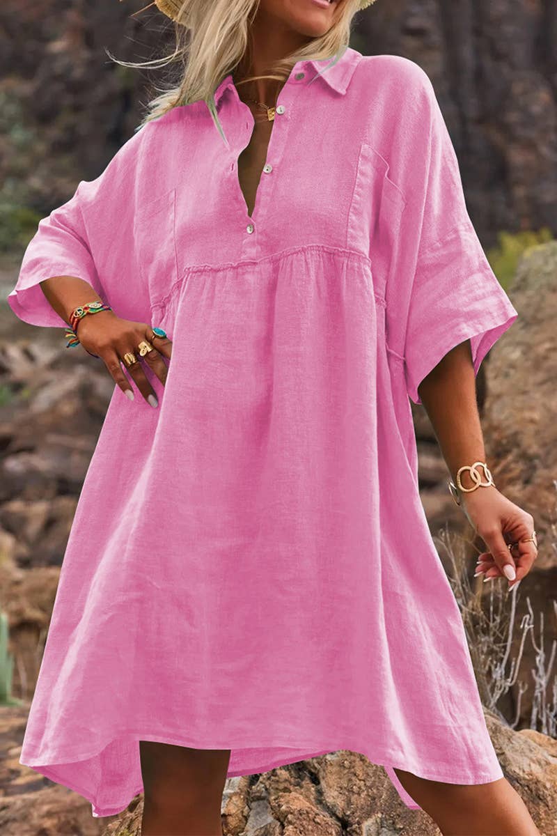 CWDSD8007_LOOSE SOLID COLOR CASUAL BUTTON FASHION DRESS