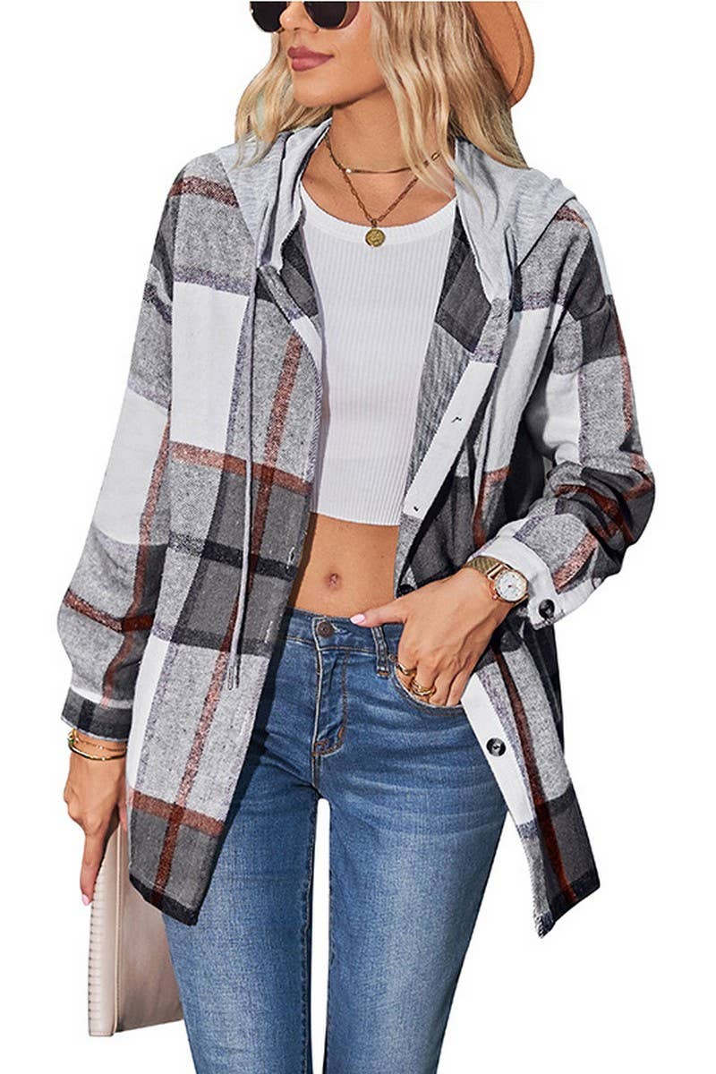 CWOCO1102_CASUAL LOOSE MID-LENGTH PLAID HOODED COAT
