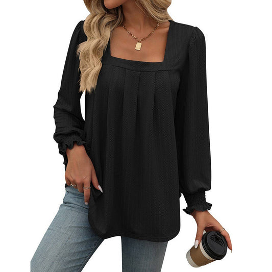 Casual square neck pleated long sleeve T-shirt