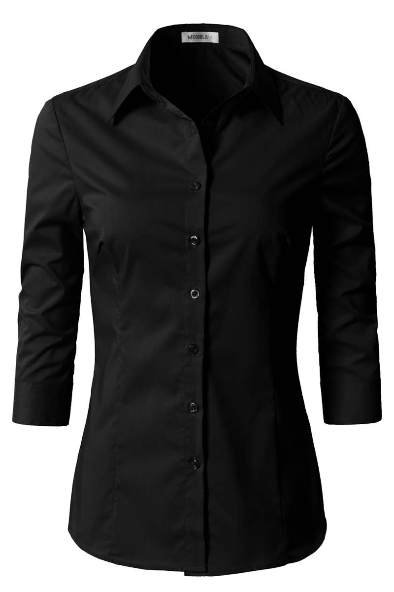 CWTSTS116_Basic Slim Fit Simple 3/4 Sleeve Button Down Shirt