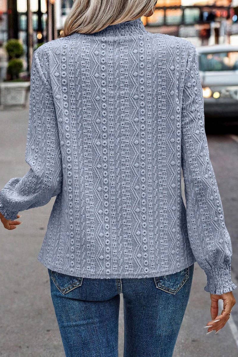 CWTBLL4008_JACQUARD RUCHED CREW NECK LONG SLEEVE TOP