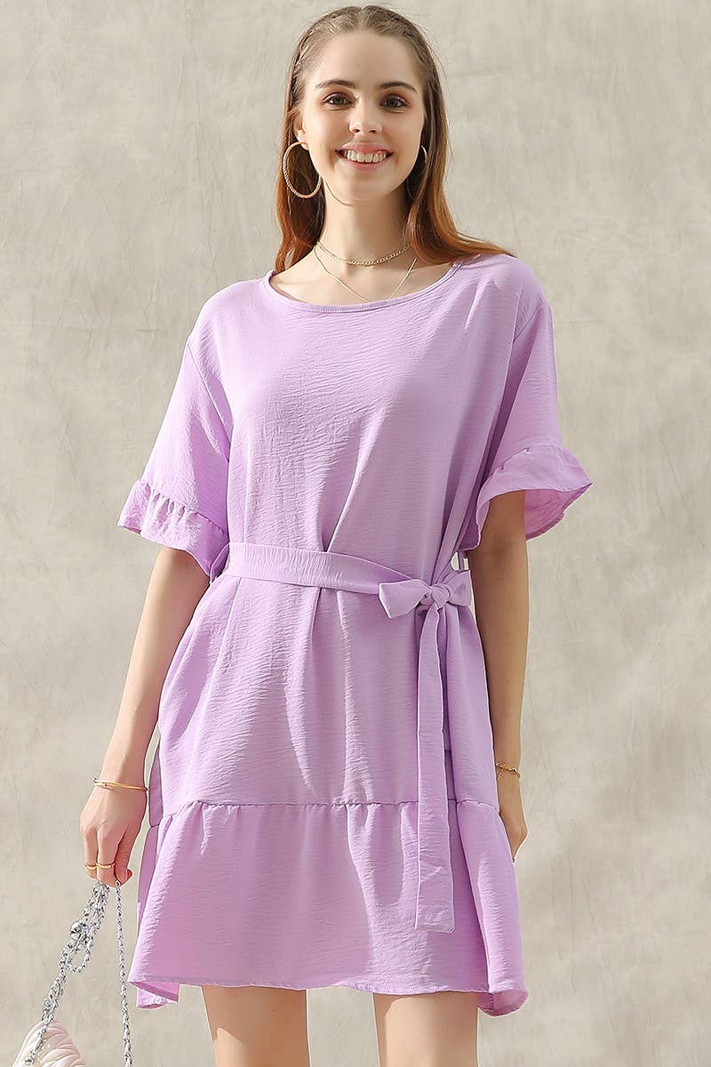 CWDSD10405_WAIST BOW TIE MIDI RUFFLE SHORT MIDI DRESS