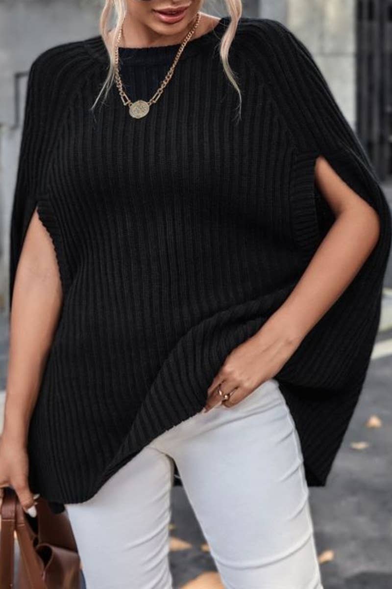 CWOSWL6433_CREW-NECK SWEATER CAPE WITH SLIT SLEEVES